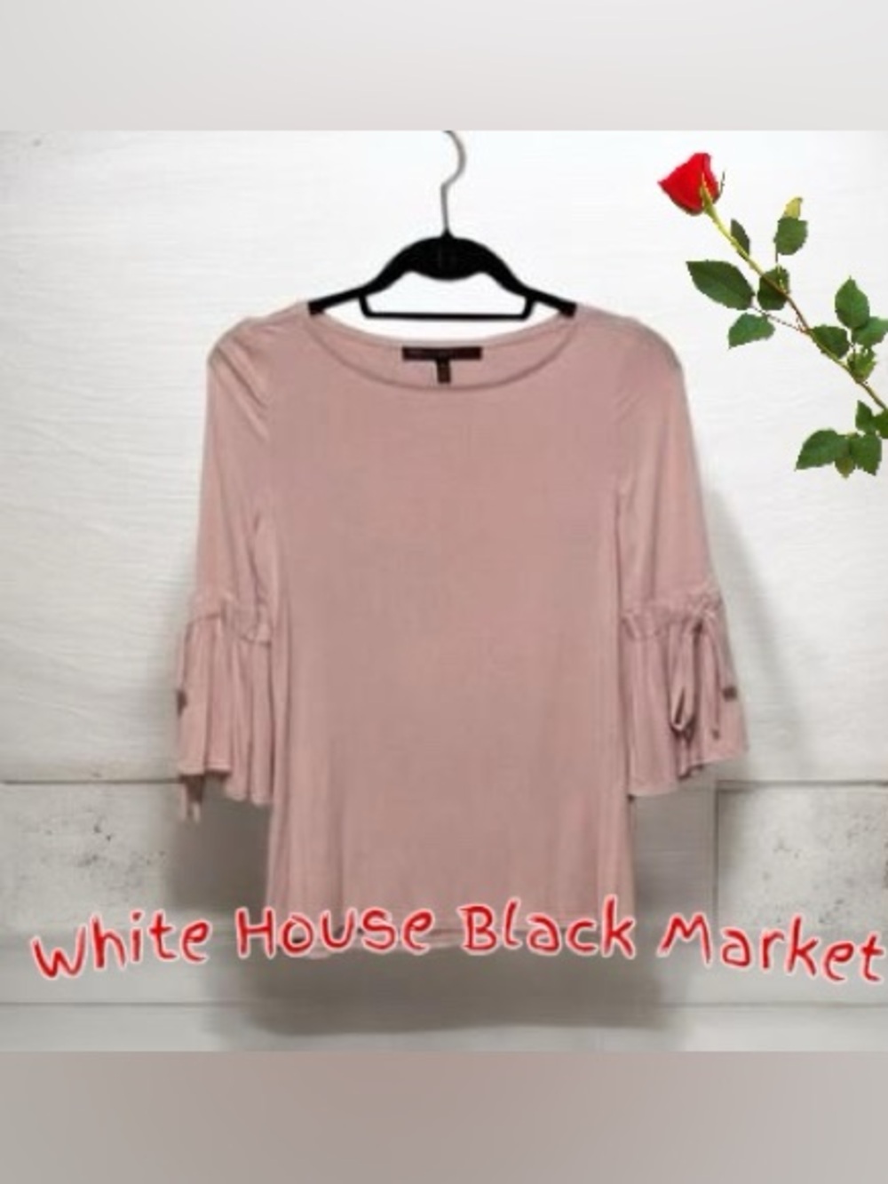NWT White House Black Market Blush Pink Bell-Sleeve Blouse w ties SZ S Pullon